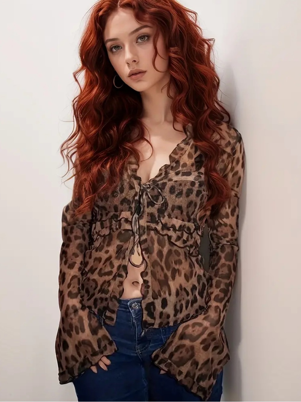 NWOT ASOS Sheer Leopard Print Tie-Front Blouse - Brown